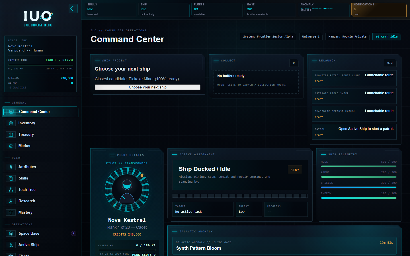 Command Center dashboard showing pilot status, assignments, and ship telemetry.