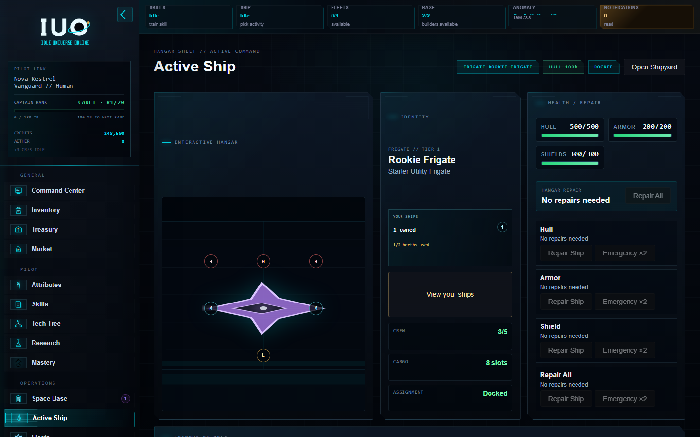 Active Ship hangar sheet for the Rookie Frigate.