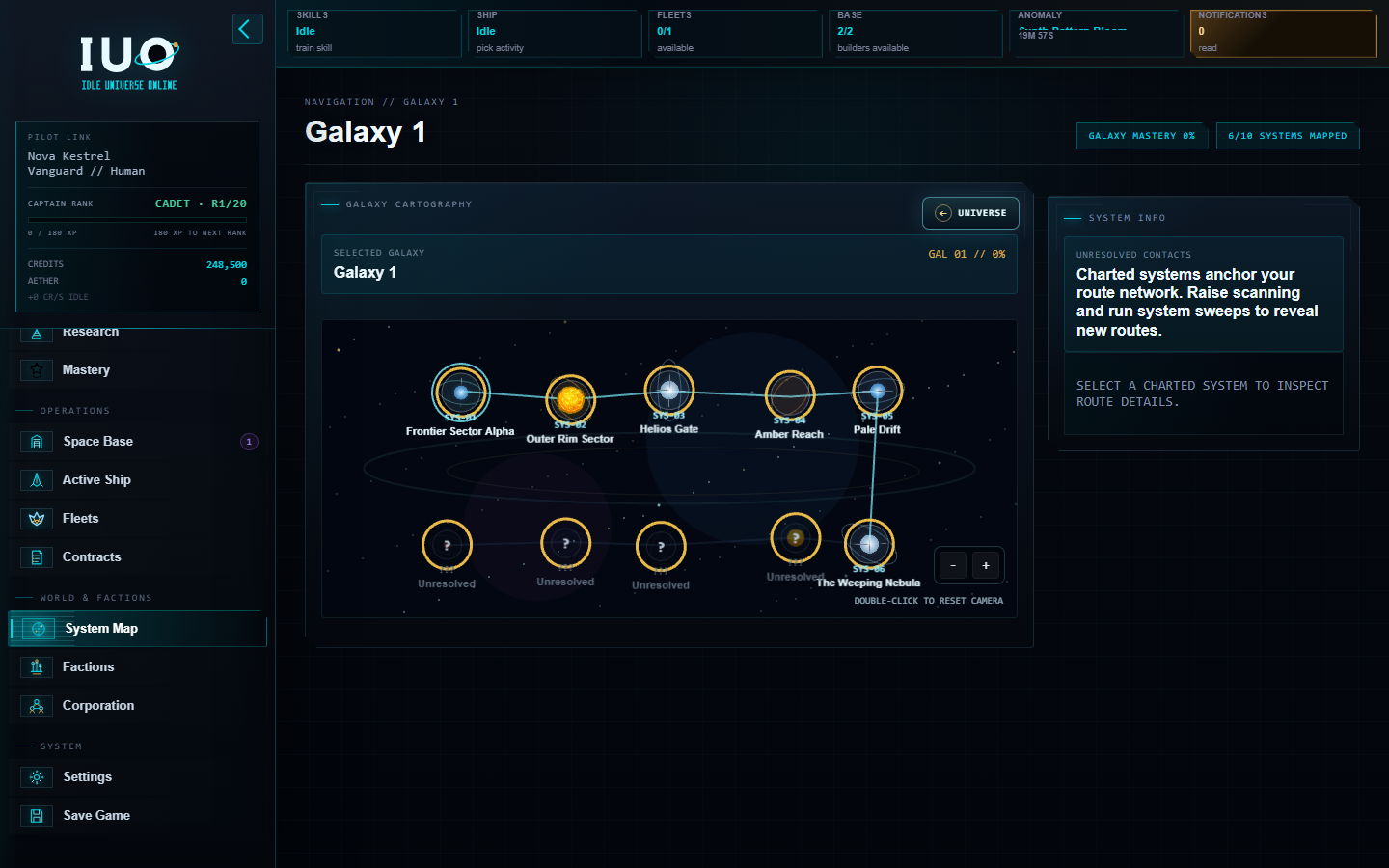 Galaxy map showing charted star systems and their travel routes.