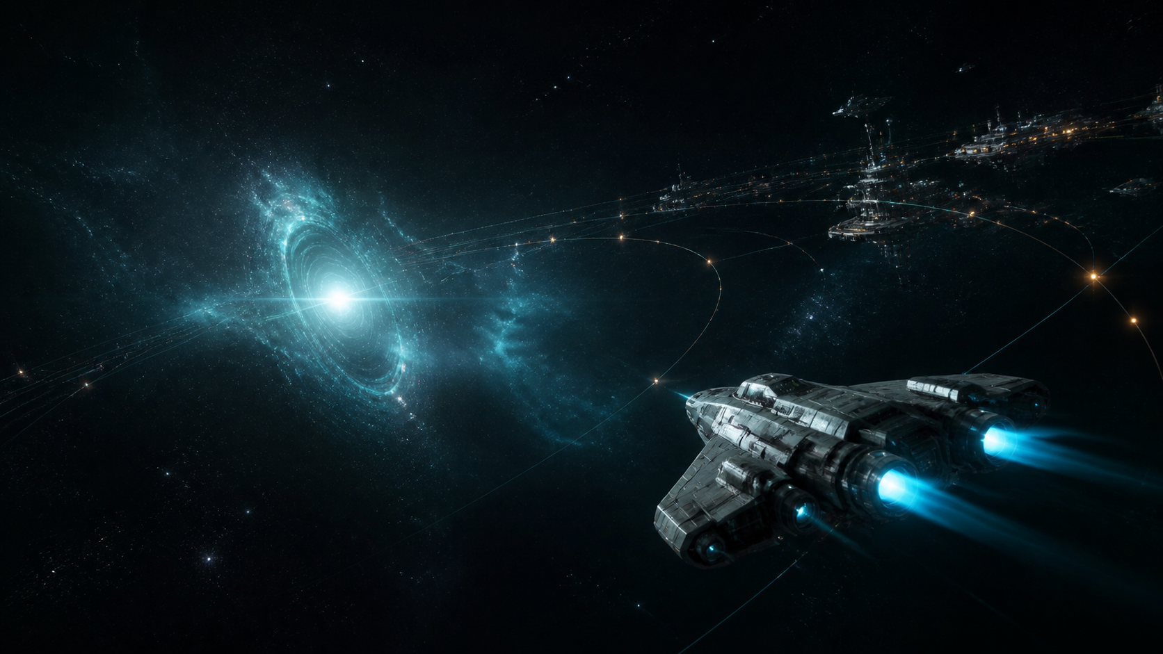 Exploration frigate approaching a luminous anomaly along mapped routes.
